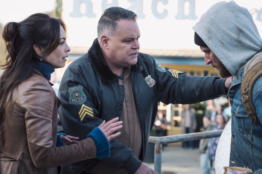 MURDER IN A SMALL TOWN: L-R: Kristin Kreuk, Aaron Douglas and guest star Joshua Close in the 