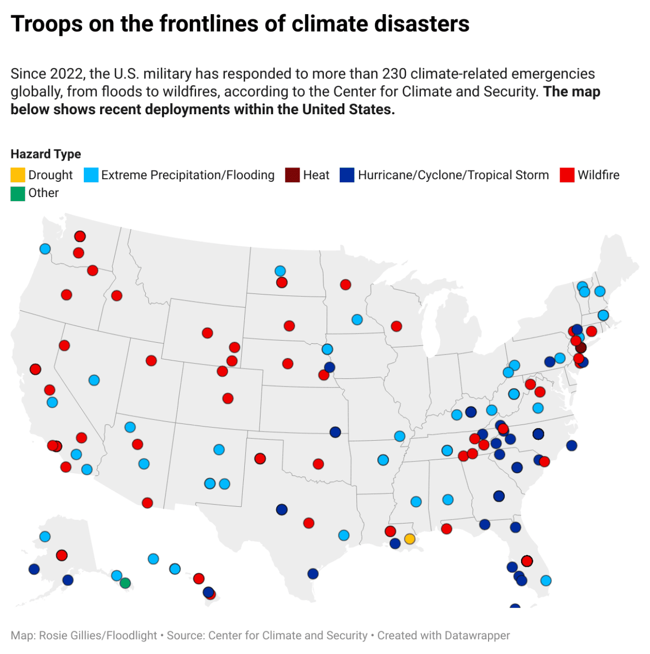 Data visualization map showing the recent deployments of troops on the frontlines of climate disasters.
